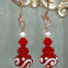 Made with Swarovski Crystal elements Red and white Lampwork with Copper Earrings by kittenkat22
