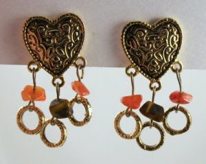 VINTAGE EARRINGS Tiger Eye Stone Nugget Heart Loop Dangle Clips