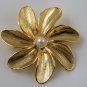 VINTAGE PIN BROOCH Gerry's Signed Brushed Golden Texture Flower Imitation Pearl