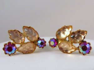 VINTAGE EARRINGS Fruit Salad Pink Peach AB Rhinestone Leaves