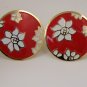 VINTAGE EARRINGS White Red Enamel Flower Disks Clips