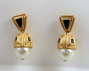 VINTAGE EARRINGS Egyptian Revi Pearly Dangle Black Enam
