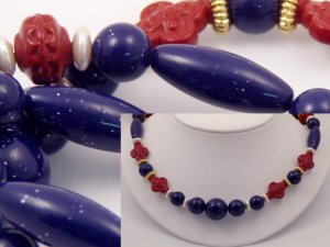 VINTAGE NECKLACE Faux Lapis Sparkly Blue Lucite Blood Red Bead