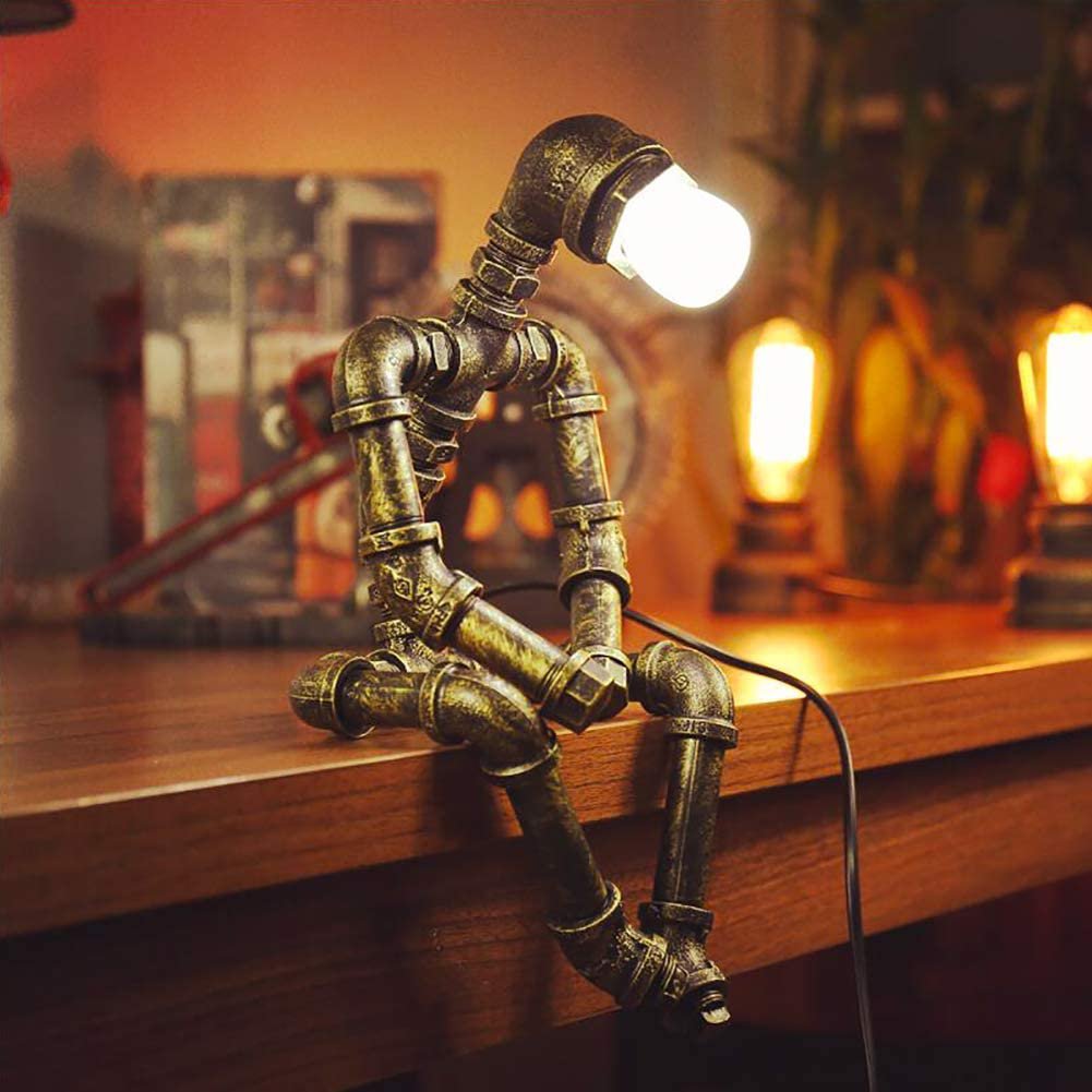 Robot Table Lamp Industrial Retro Steampunk Edison Iron Water Pipe Desk Lights