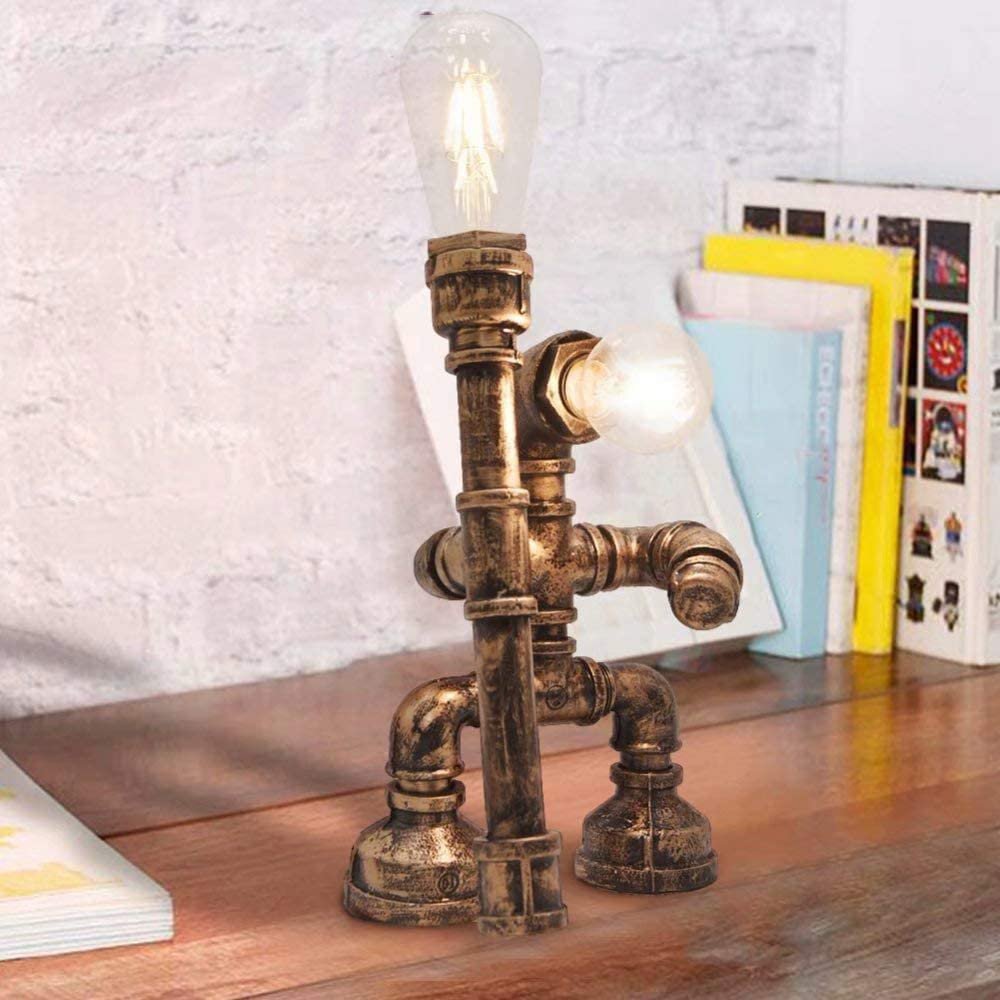 Robot Table  Guardian  Lamp Industrial Retro Steampunk Edison Iron Water Pipe Desk Lights