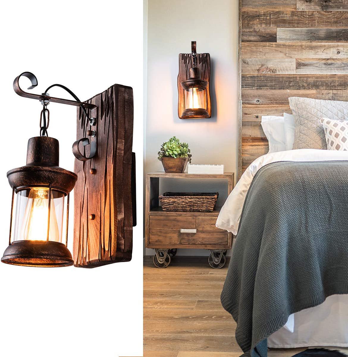 Industrial Vintage Wall Sconce Lighting Lantern LED Wall Light with Wood Backplate in Aged Bronze
