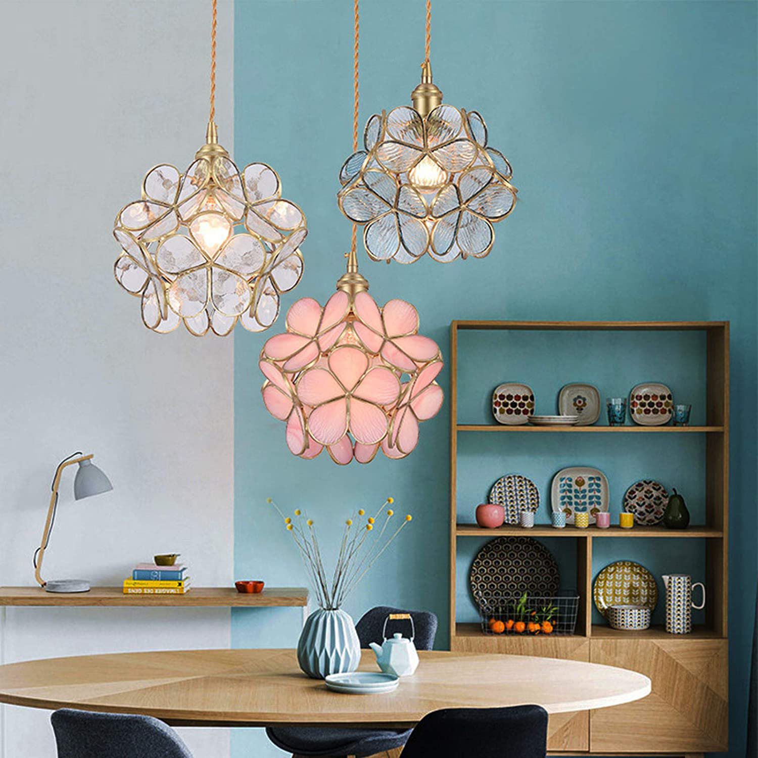 Nordic Brass Pendant Light, Handmade Flower Stained Glass Cth 8 Inch Wide Lampshade 1 Head