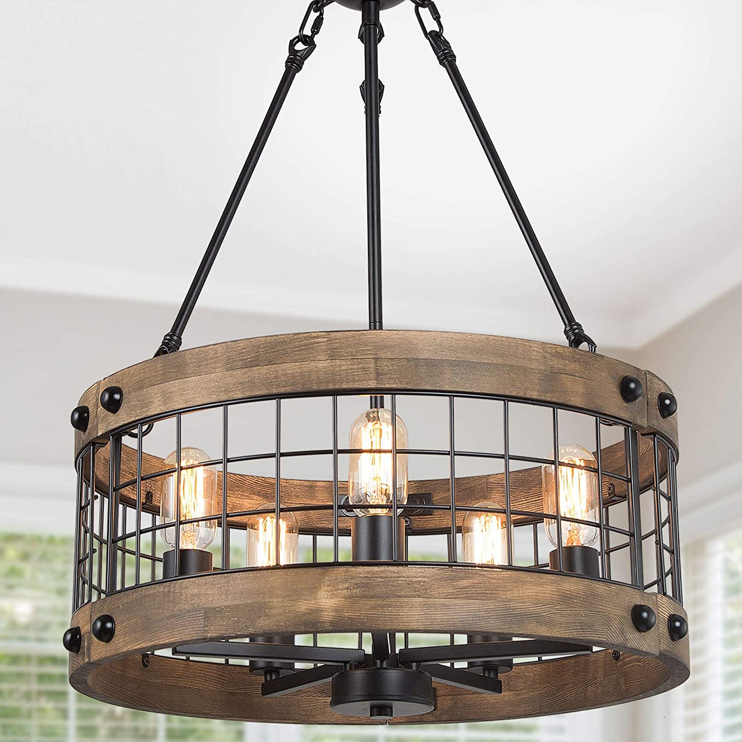Farmhouse Chandelier 5-Light Rustic Round Wood Metal Chandelier for Kitchen Island, Entryway