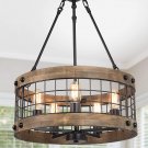 Farmhouse Chandelier 5-Light Rustic Round Wood Metal Chandelier for Kitchen Island, Entryway
