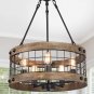 Farmhouse Chandelier 5-Light Rustic Round Wood Metal Chandelier for Kitchen Island, Entryway