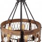 Farmhouse Chandelier 5-Light Rustic Round Wood Metal Chandelier for Kitchen Island, Entryway