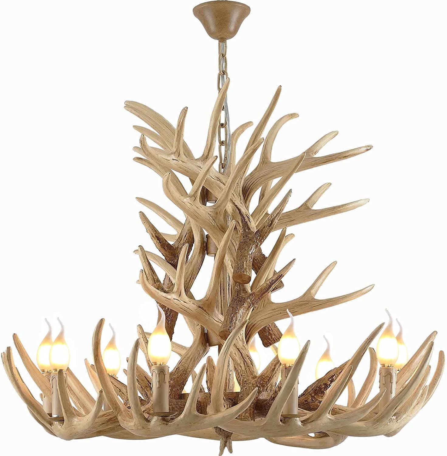 Rustic Deer Antler Chandelier Resin Faux Farmhouse  Candle Style  9+9 Wood Color