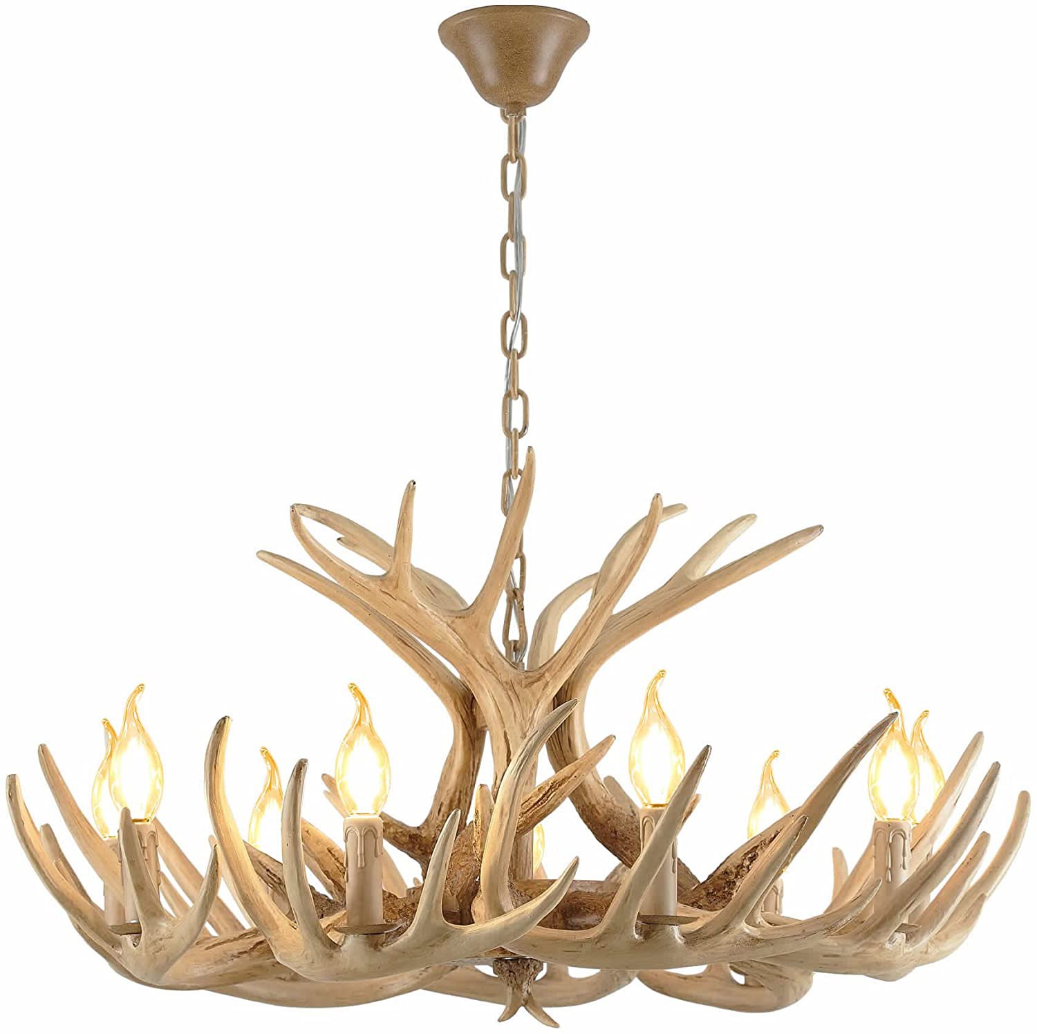 Rustic Deer Antler Chandelier Resin Faux Farmhouse Candle Style 9+3 Wood Color