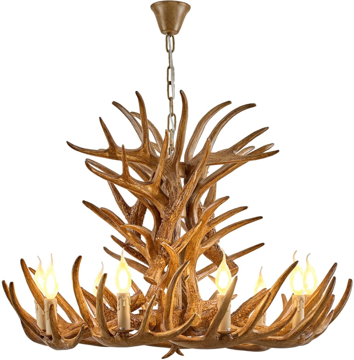 Rustic Deer Antler Chandelier Resin Faux Farmhouse Candle Style 9+9 Brown Color
