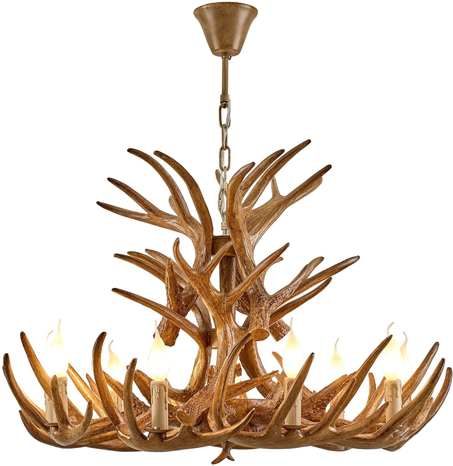 Rustic Deer Antler Chandelier Resin Faux Farmhouse Candle Style 9+6 Brown Color