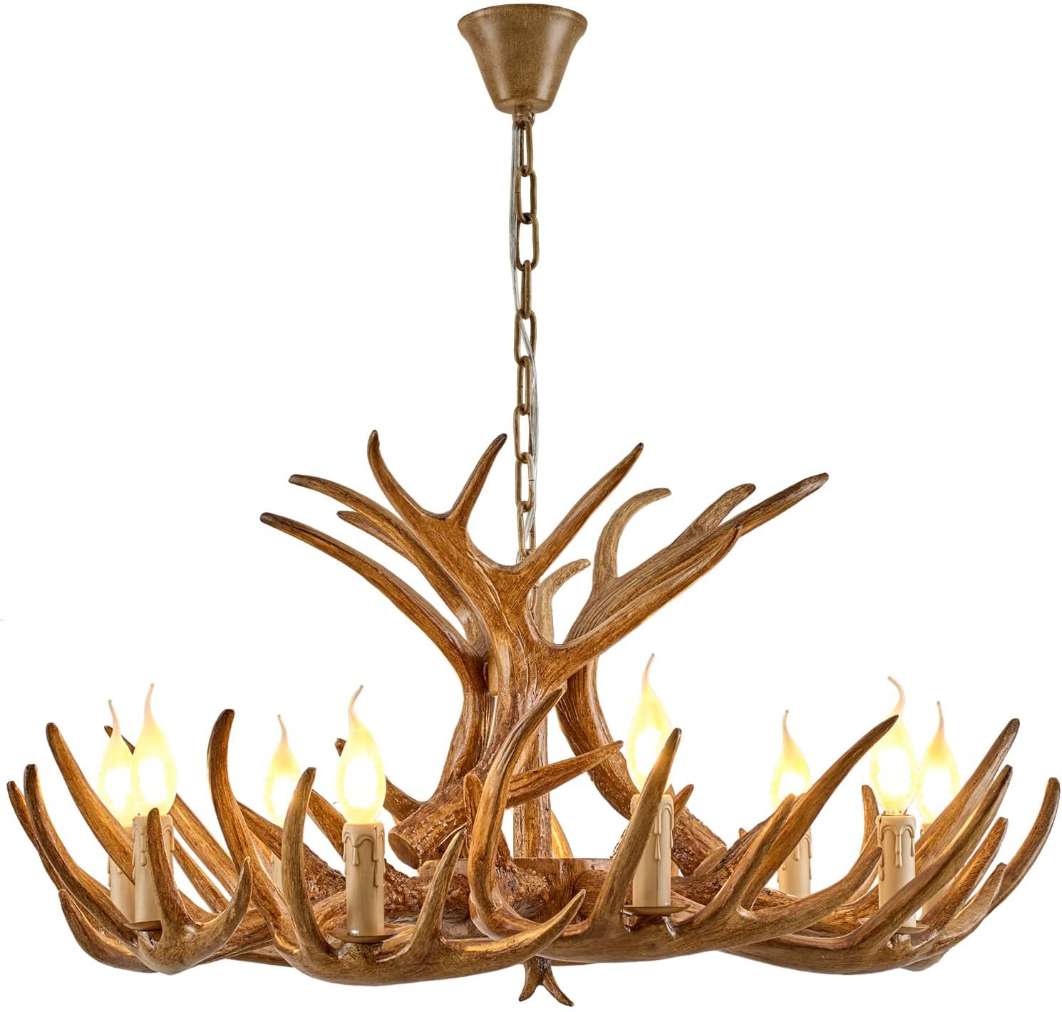 Rustic Deer Antler Chandelier Resin Faux Farmhouse Candle Style 9+3 Brown r