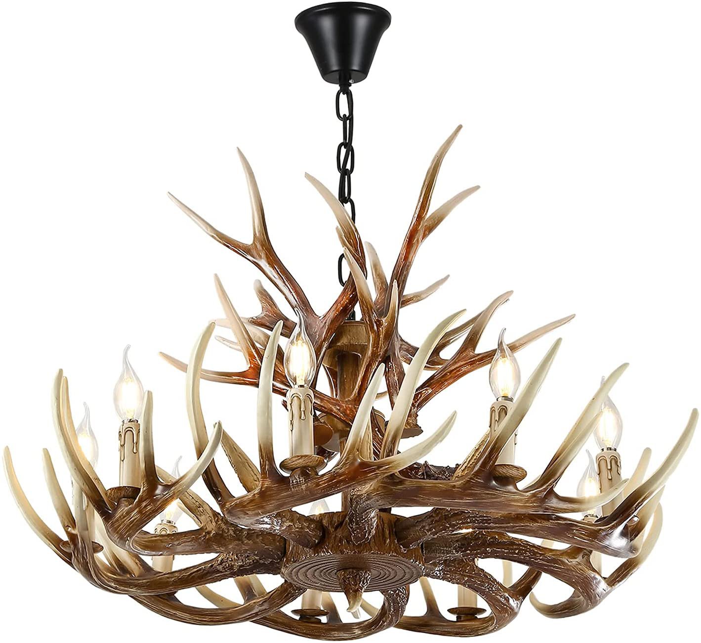 Rustic Deer Antler Chandelier Resin Faux Farmhouse Candle Style 9+6 Brwon White Colo