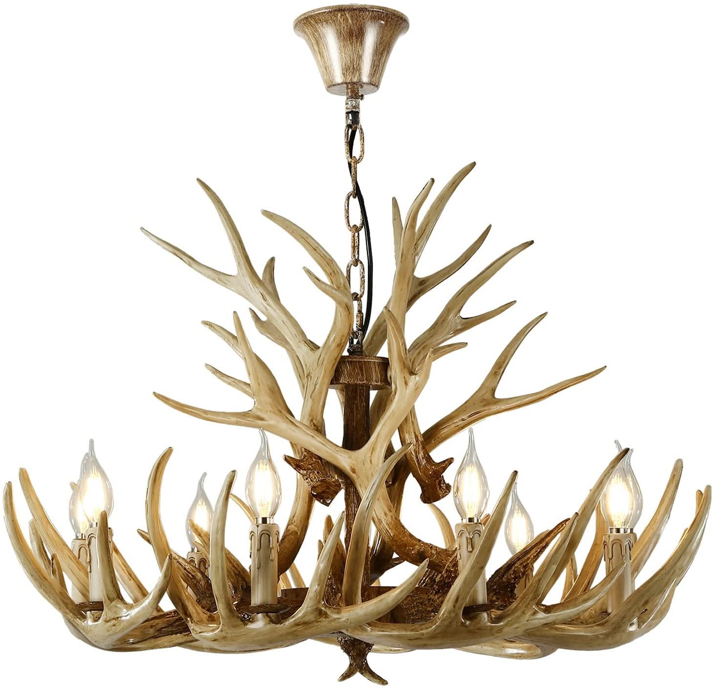 Rustic Deer Antler Chandelier Resin Faux Farmhouse Candle Style 9+6 Wood Color