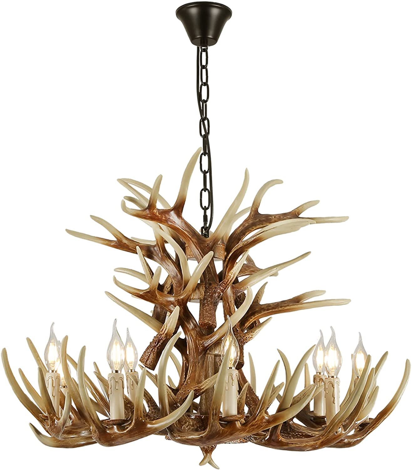 Rustic Deer Antler Chandelier Resin Faux Farmhouse Candle Style 9+9 Brwon White Color