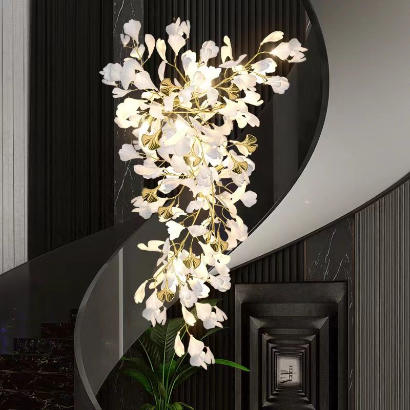 Ceramic Ginkgo Petal Luxury Branches Pendant Creative Chandelier For Staircase D 23.62 X H 59"