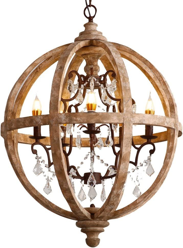 New 24" Wide Retro Rustic Weathered Wooden Globe Chandelier Crystal 5-Light Pendant Lighting