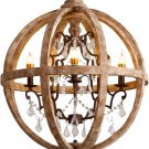 New 24" Wide Retro Rustic Weathered Wooden Globe Chandelier Crystal 5-Light Pendant Lighting