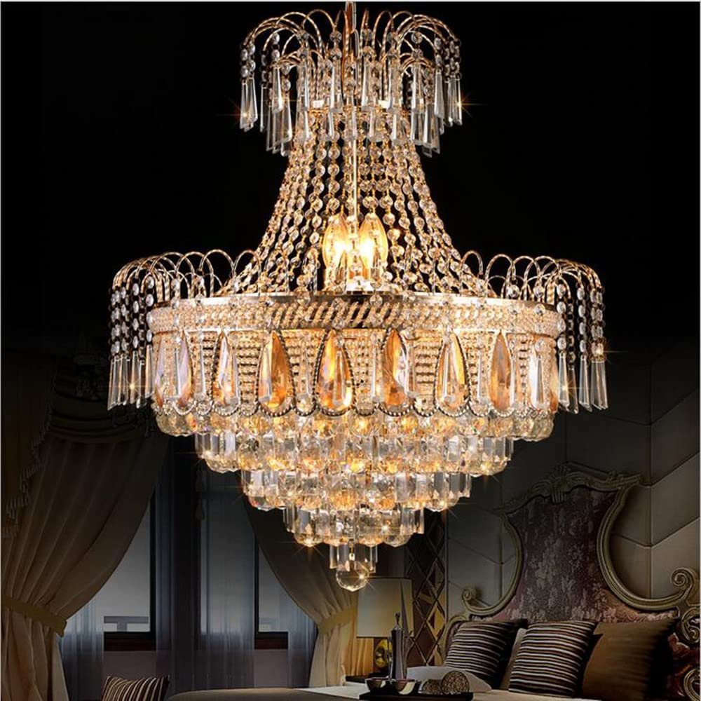 Cretifity Empire Style Gold Crystal Chandelier, Modern K9 Crystal Ceiling Pendant Lighting, Dia 20"