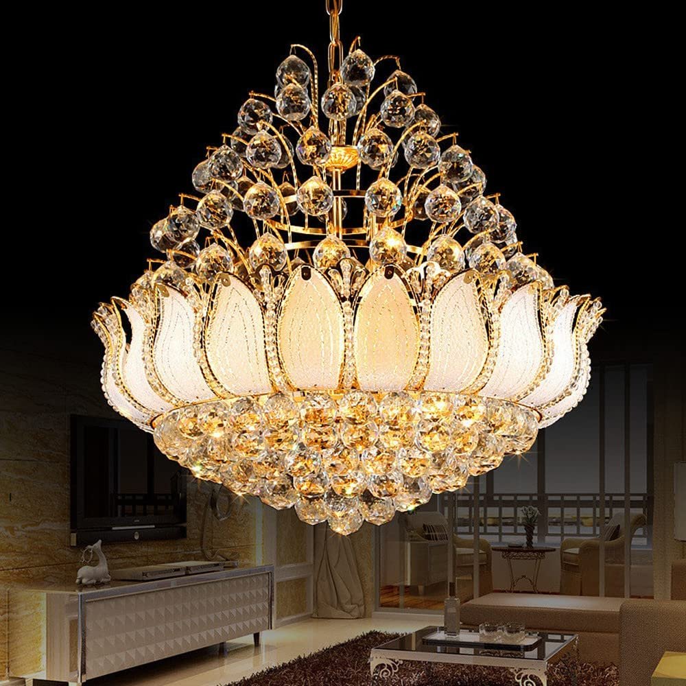 Buddhist lotus Style Gold Crystal Chandelier, Modern K9 Crystal Ceiling Pendant Lighting, Dia 18"