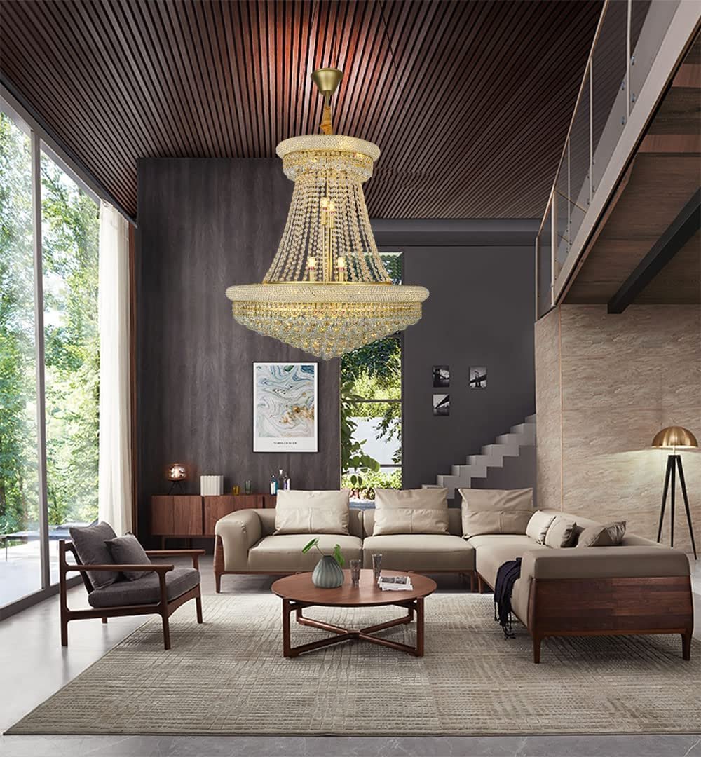 Large Crystal Gold Chandeliers for High Ceilings Storey Foyer Pendant Lamp
