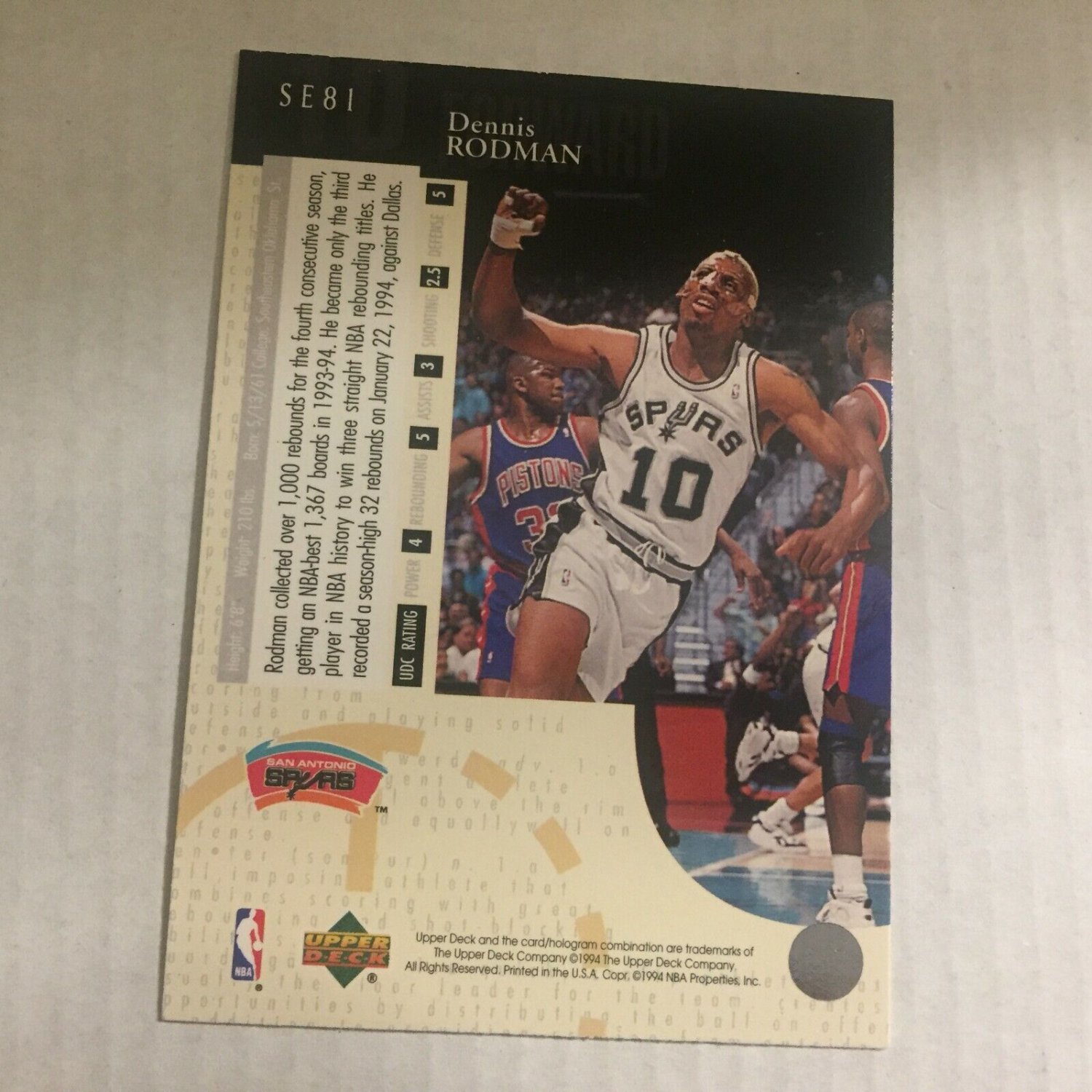 1994 Upper Deck San Antonio Spurs Hall of Famer Dennis Rodman Trading ...