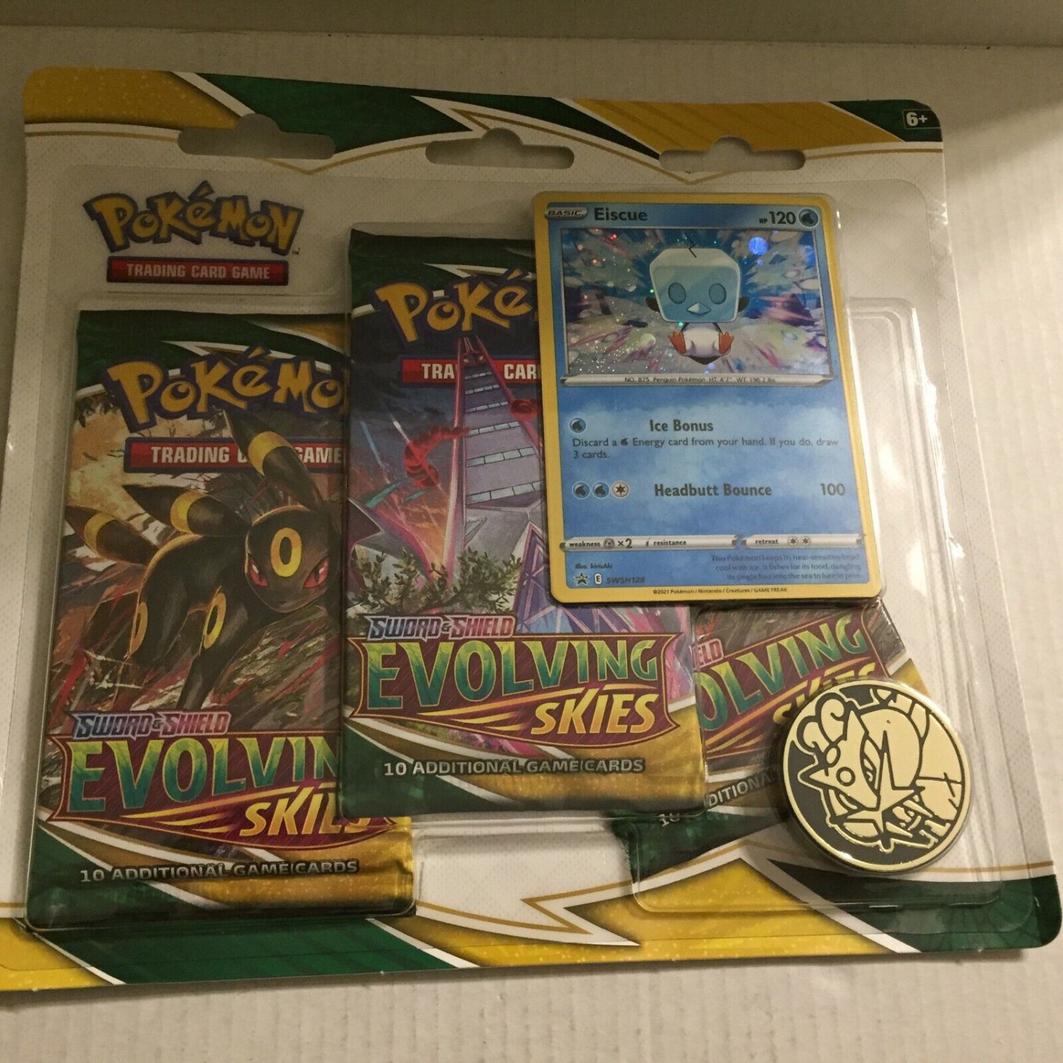 New Pokemon Holo Eiscue Evolving Skies 3 Pk Blister Pack + Coin