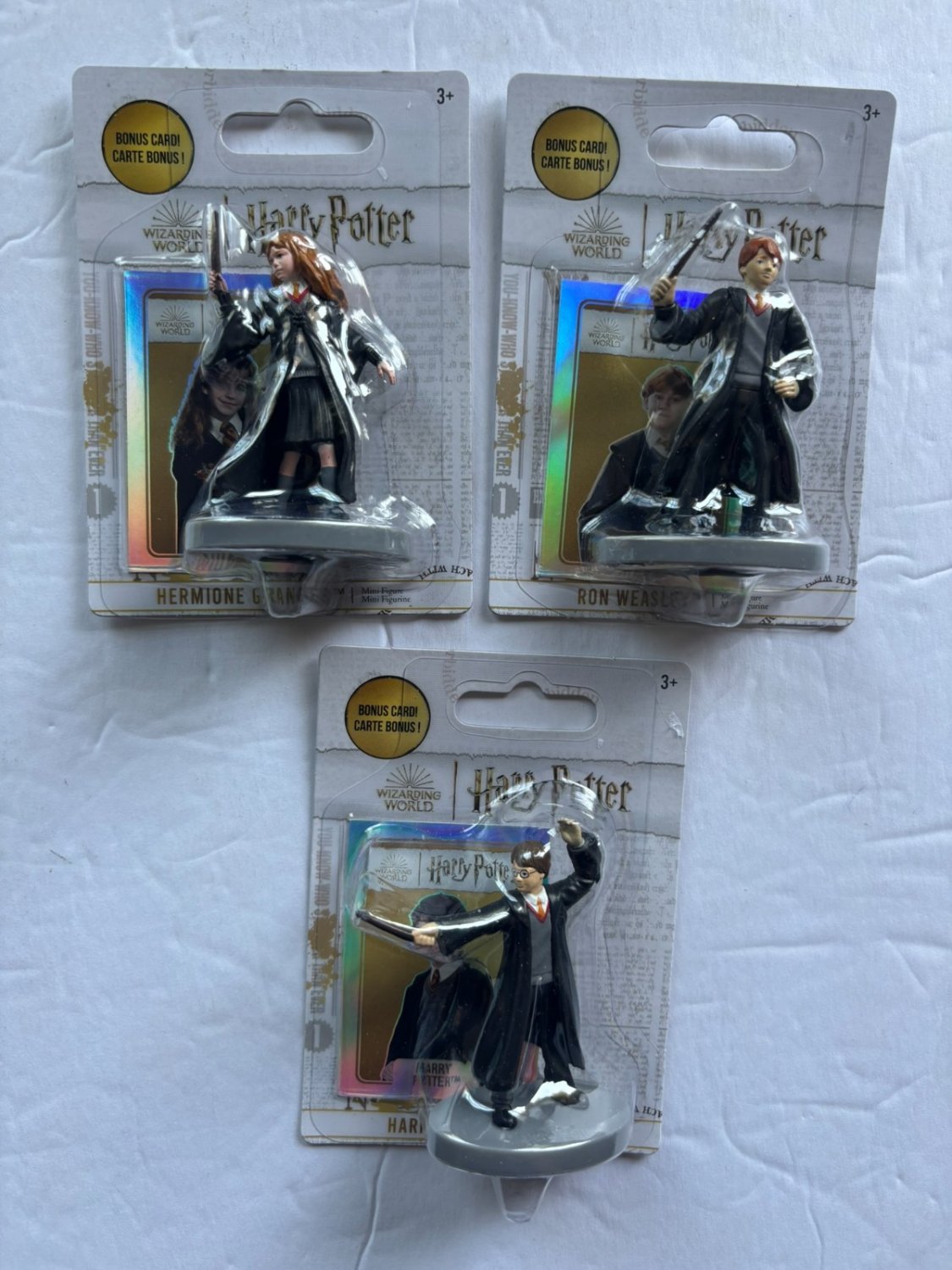 NEW Harry Potter Hermoine Granger & Ron Weasley 3'' Figures + Mini CArds