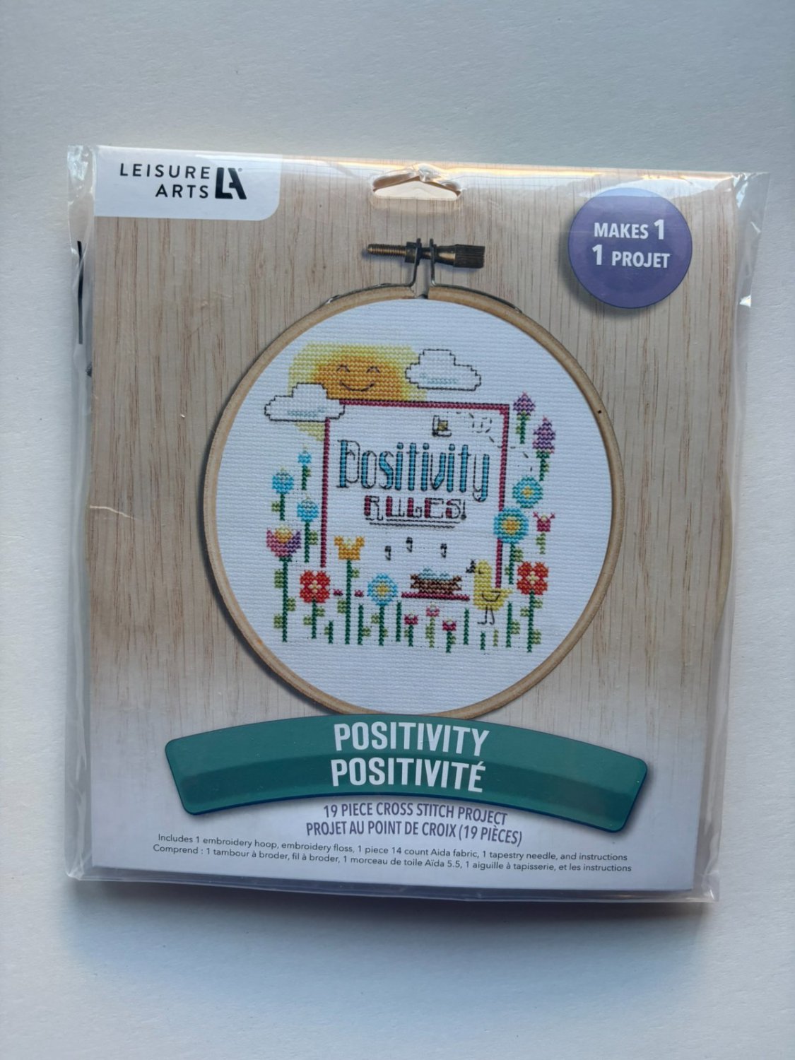 NEW Leisure Arts Positivity Rules 7'' Round Cross Stitch Embroidery Kit