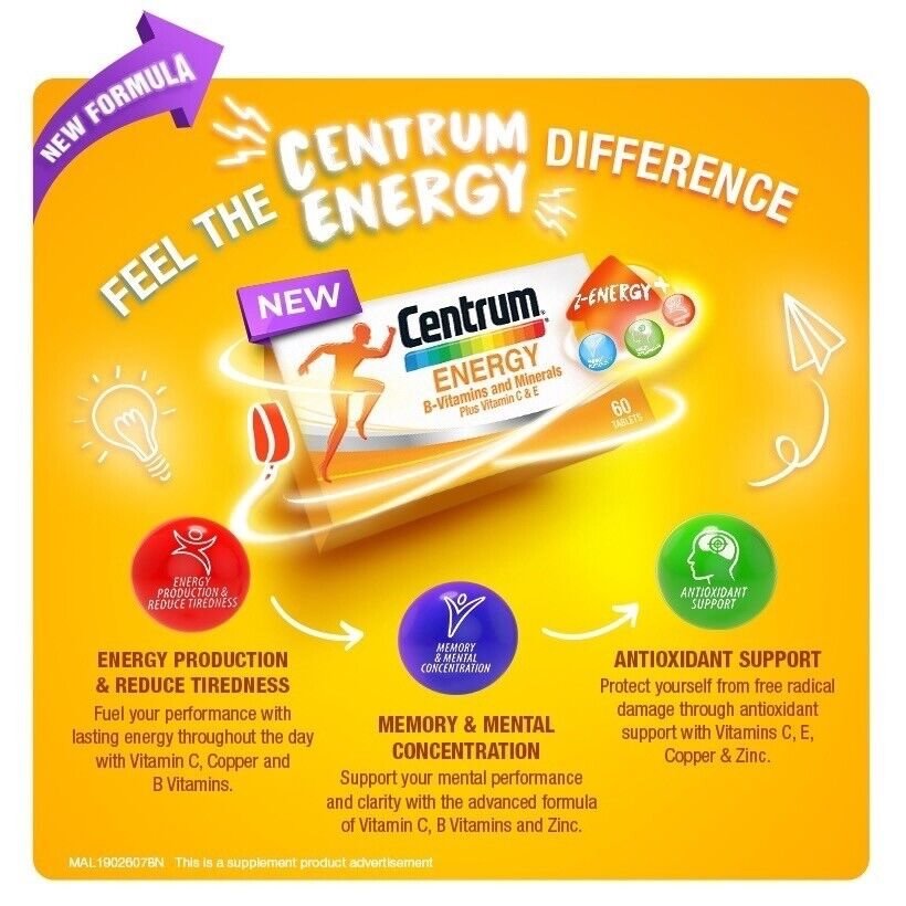 New Centrum Energy BVitamins and Minerals + Vitamin C & E 60's Free Ship