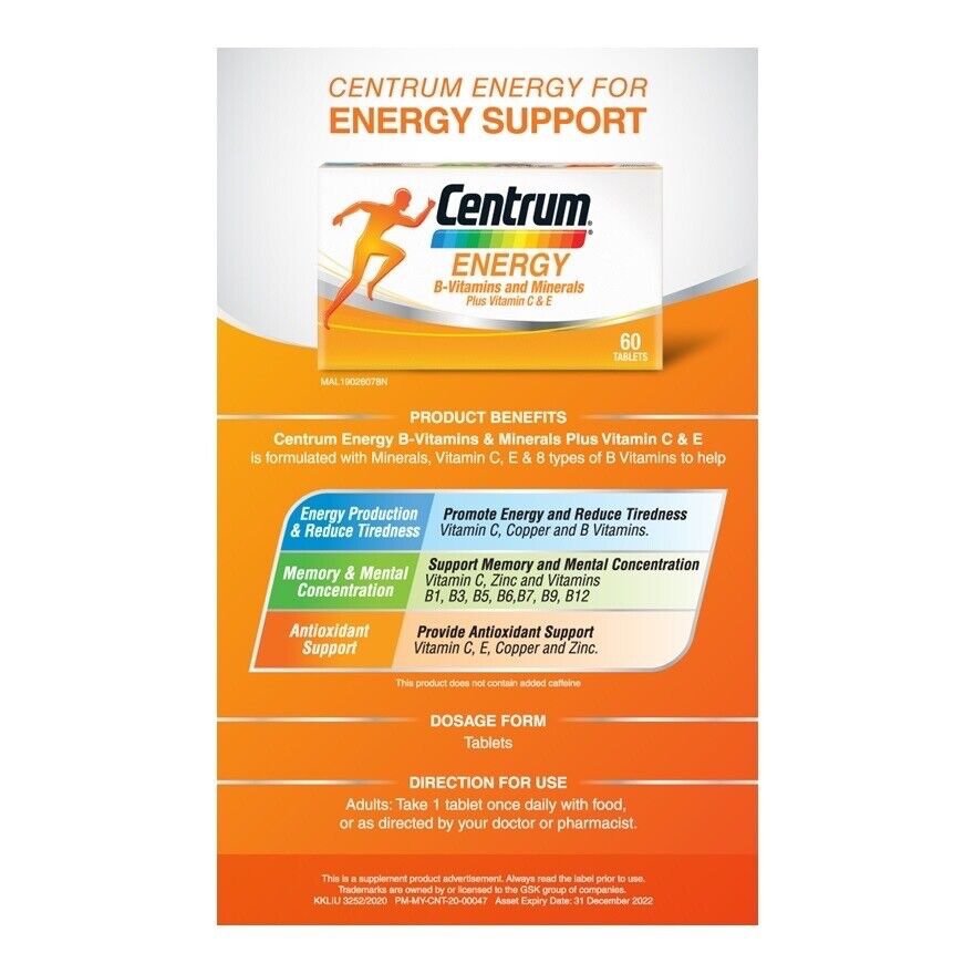 New Centrum Energy B-Vitamins And Minerals + Vitamin C & E 60's Free Ship