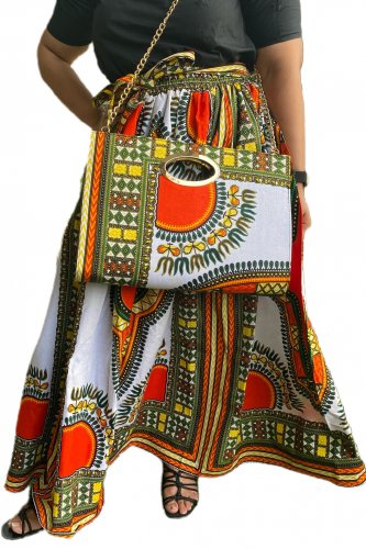 Dashiki Multi Color Maxi Skirt & Bag,  Mask and Head Wrap