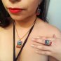 Rainbow Chakra Striped Chip Stone Orgonite Copper Metal Rectangle Handmade Ring