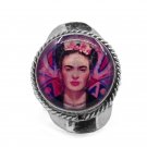 Frida Kahlo Graphic Round Silver Metal Adjustable Ring Boho Art Jewelry Pink