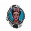 Frida Kahlo Graphic Round Metal Adjustable Ring Boho Art Jewelry Turquoise Blue