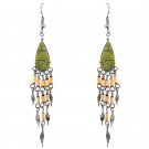Teardrop Gemstone Cabochon Long Wooden Bamboo Metal Dangle Earrings Boho Jewelry