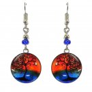 Round Sunset Tree Metal Dangle Earrings Nature Art Graphic Hippie Boho Jewelry