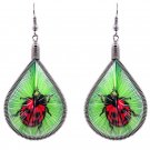Red Ladybug Green Thread Teardrop Dangle Earrings Animal Graphic Nature Jewelry