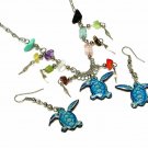 Turquoise Sea Turtle Earrings Stone Metal Chain Necklace Tropical Jewelry Set