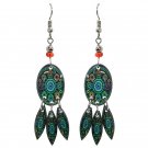 Oval Mandala Gears Long Dangle Earrings Psychedelic Art Graphic Teal Jewelry