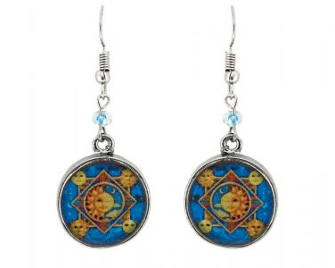 Geometric Sun and Moon Round Metal Dangle Earrings Celestial Boho Art Jewelry
