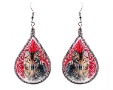 Wolf Thread Teardrop Dangle Earrings Animal Graphic Red Southwest Nature Jewelry