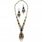 Rasta Teardrop Stone Long Beaded Metal Chain Necklace Earrings Boho Jewelry Set