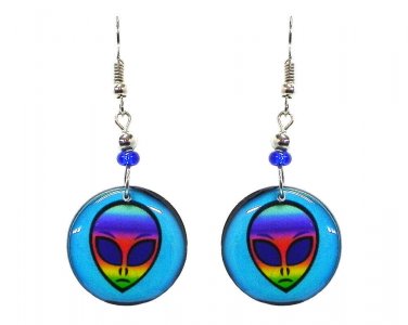 Rainbow Alien Face Round Earrings UFO Head Sci Fi Trippy Galaxy Space Jewelry
