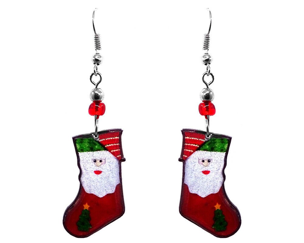 Santa Christmas Stocking Graphic Dangle Earrings Jewelry Holiday Winter Themed