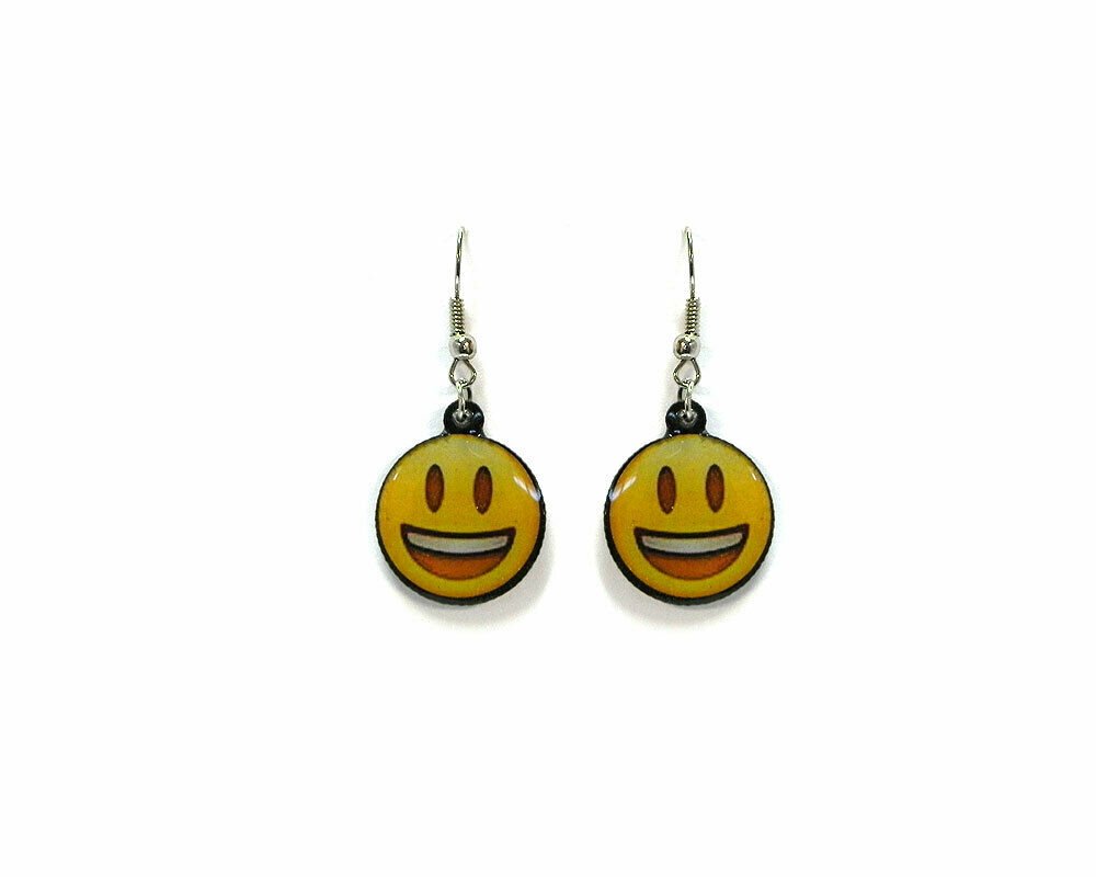 Emoji Dangle Earrings Yellow Smiley Face Text Girls Fashion Handmade Fun Jewelry
